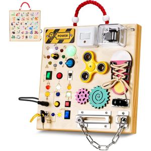 Montessori Wooden Busy Board Toys for 1 2 3 Boys Girls,Toddler Sensory Educational Fidget Board Travel Toy with LED Light Up Switches & Music Boxes, Locks for Kids Gifts