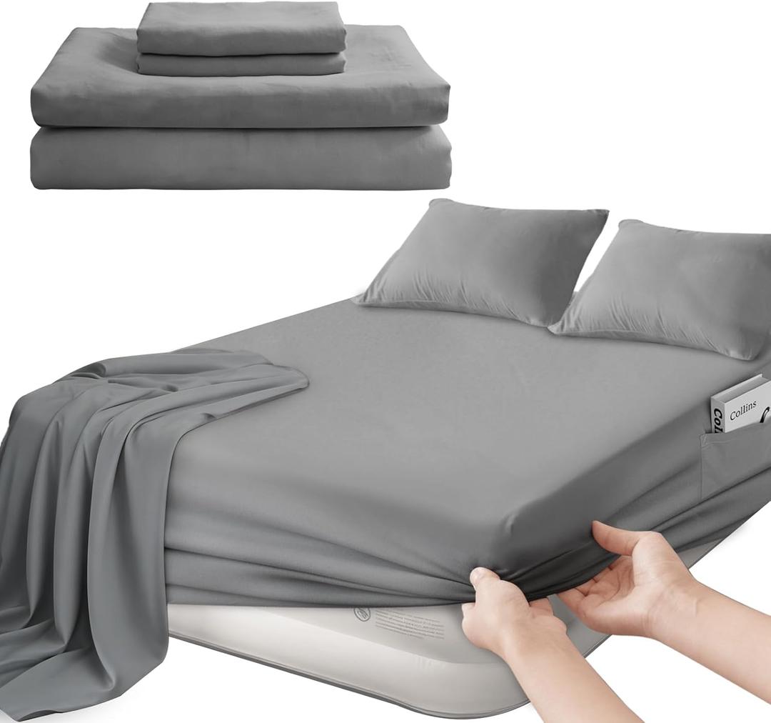 SPRINGSPIRIT Deep Pocket Sheets Queen Sheet Sets for Air Mattress with Pocket on Side, 4 Piece Sheet Set Queen Size Extra Deep Pocket up to 24, Grey