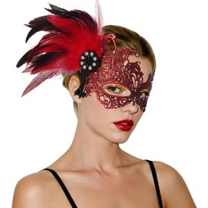 Lace Masquerade Mask for Women Mardi Gras Rhinestone Mask with Feather 1920s Venetian Party Accessories