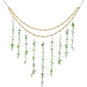 Hanging Eucalyptus Boho Wall Decor Large Boho Bedroom Wall Hanging Wooden Bead Garland Artificial Eucalyptus Natural Greenery Decoration, 36 x 36 Inch