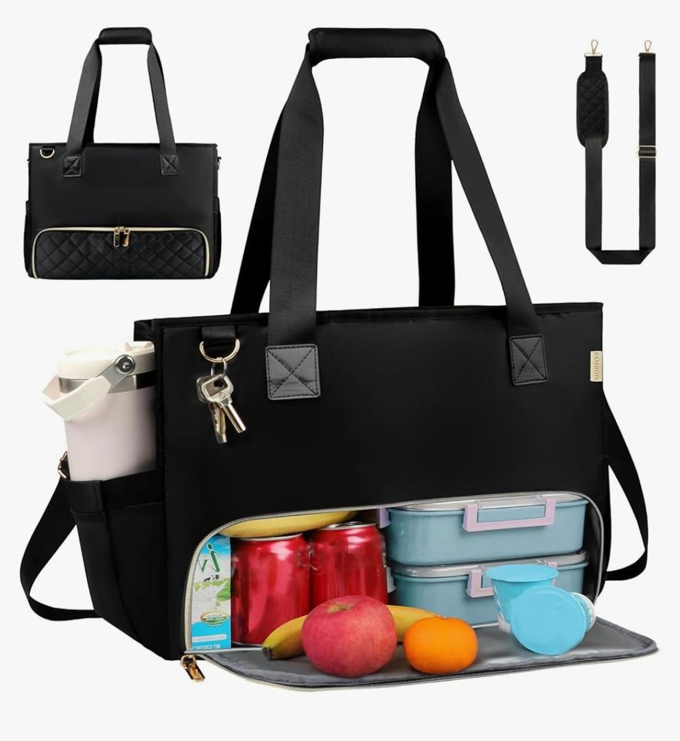 2-in-1 Laptop Tote Bag for Women with Big Insulated Lunch Compartment, Soft Nylon Work Tote Bag with 15.6 Inch Laptop Compartment& Cup Holder for Teacher Nurse Business Travel Daily (Black)