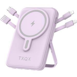 Wireless Portable Charger 10000mAh,Magnetic Power Bank with Built-in Cables LED Display,22.5W PD Fast Charging for Magsafe Battery Pack Compatible with iPhone16/15/14/13/12/Pro/Pro Max(Purple)