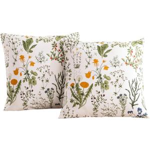 ECOCOTT 2 Pack Pillowcase Euro Size with Green Botanical Floral Leaves Pillow Cases Set, 100% Cotton Queen Pillow Covers Envelope Closure (Euro, 26"x26")