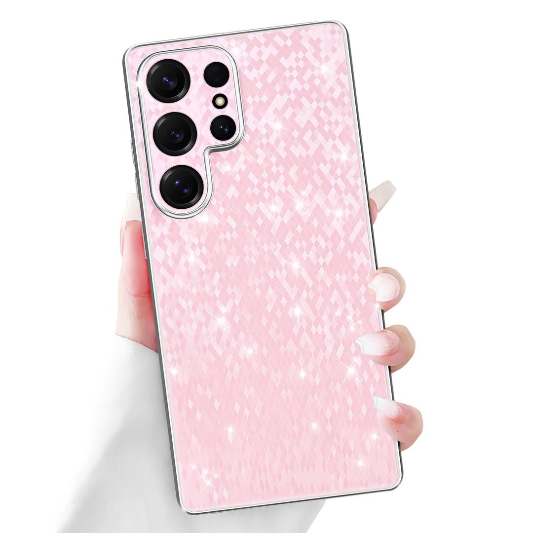 Newseego for Samsung Galaxy S25 Ultra 5G Case, Luxury Bling Rhombus Pattern Plating Case for Women Girls Men Anti-Scratch Soft TPU Frame Hard PC Back Bumper Cover for Samsung Galaxy S25 Ultra-Pink