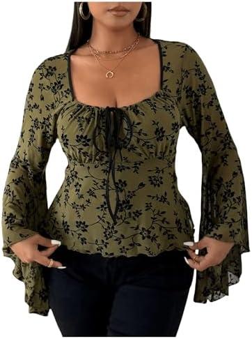 SweatyRocks Women's Plus Size Ruched Long Sleeve Mesh Top Floral Bell Sleeve Tie Front Going Out Shirt L+