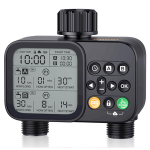 Sprinkler Timer Water Gardens Ponds Kits, 2 Outlet 8 Programmable Water Timer with Rain Delay & Manual/Automatic Modes, Weatherproof Irrigation System for Yard Lawn, Large LCD Display