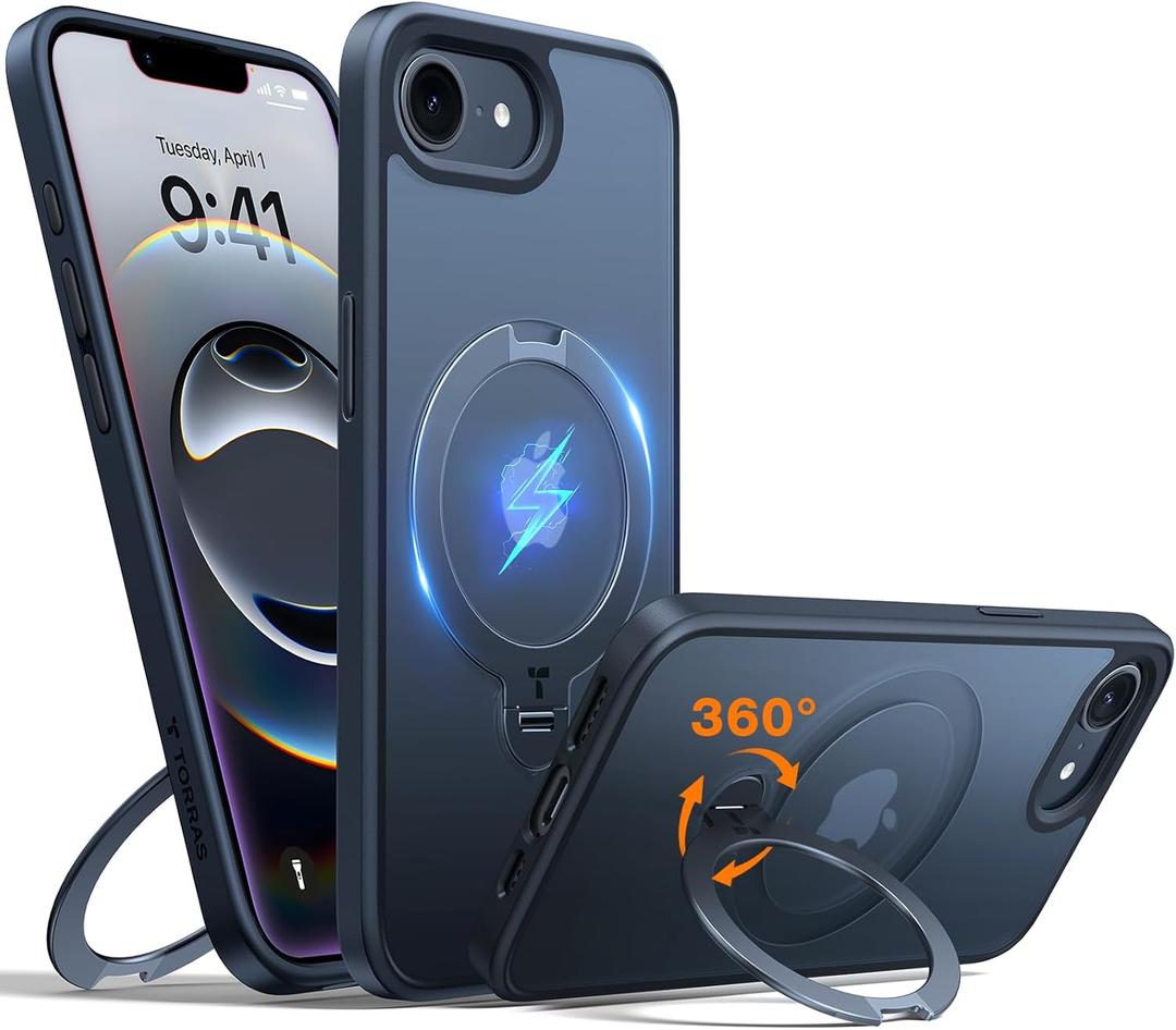 TORRAS 360 Spin for iPhone 16e Case 2025 with Stand, Fit for MagSafe, 4X Military-Grade Protective, Rotatable Kickstand Phone Case for iPhone 16e Case, Ring Holder Slim Cover, Matte Black 6.1''