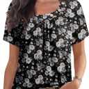 PrinStory Womens Short Sleeve Tops Summer Fashion Irregular Neck Knitted Tunic Tops Casual Loose Pullover Shirts (Small, Fp Black Silver Rose)