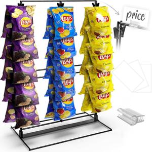 3 Row Chip Rack Display Stand, Potato Chip Rack Holder with 48 Clips, 3 Labels, Snack Retail Display Rack, Black