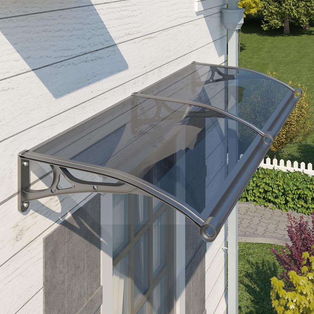 Door Awning Window Canopy with Drainage, 48x80 Inch Solid Polycarbonate Awnings for Outside, Porch, Patio, Deck, Sun Shade UV,Rain,and Snow Protection, Aluminum Alloy Bracket