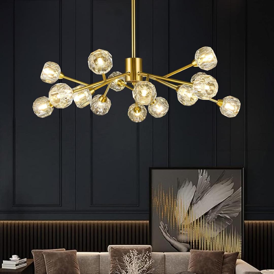 Weesalife Sputnik Chandeliers for Dining Room Light Fixtures,Modern Crystal Chandeliers for Living Room,15 Lights Gold Mid Century Brass Lighting Fixtures for Kitchen Island Bedroom Entryway