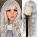 Silver Gray Wig with Bangs Grey Wigs for Women Long Curly Wig with Air Bangs Loose Wave Wig Heat Resistant Synthetic Platinum White Wig for Daily Party 24 Inch