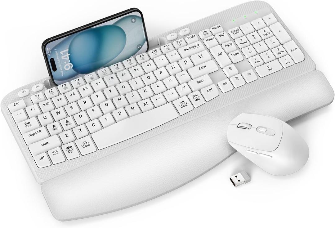 Wireless Keyboard and Mouse Combo, Wave Keys Full-Sized Ergonomic Keyboard with Cushioned Plam Rest, Phone Holder, Comfortable Natural Typing, 2.4G Cordless Set for Computer, Laptop, Pc, Mac, Windows (White)