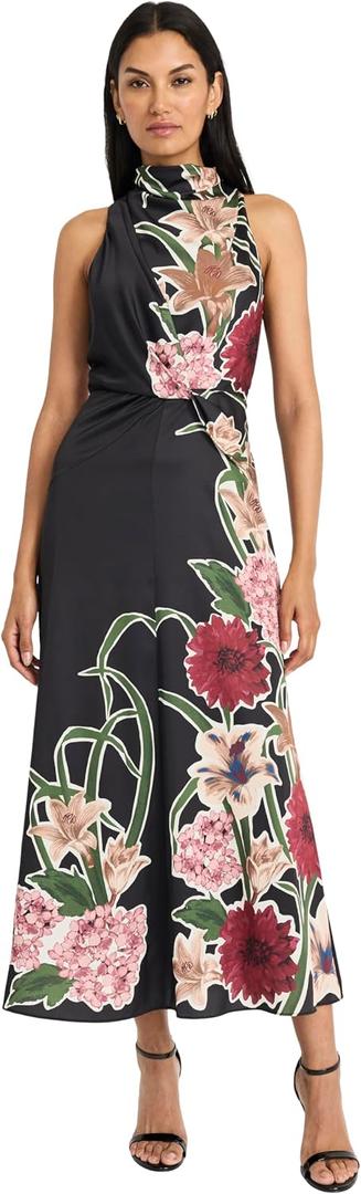 Maggy London Women's Dresses Women's Sleeveless Mock Neck Maxi Dress - Elegant Floral Print for Wedding Guest - Versatile Formal Dresses, Black/Persian Red, 12