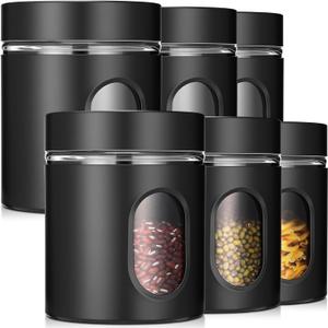 Patelai 6 Pack Kitchen Canisters Set 20 oz Airtight Stainless Steel Canister Food Storage Container with Window Glass, Coffee Sugar Candy Jars Tea Organizer for Flour Cookies Spice Kitchen (Black)