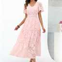 Caracilia Womens 2026 Spring Wedding Guest Maxi Dress Summer Boho Floral Short Sleeve V Neck Beach Vacation Tea Party Dresses (Pink, L)