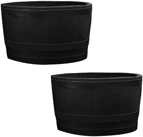 RTS Home Accents Polyethylene Whiskey Barrel Planter for Indoor or Outdoor Gardening, Black (2 Pack)
