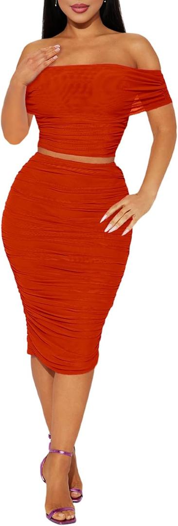2 Piece Skirt Set Sexy Mesh Ruched Bodycon Tube Top Cocktail Party Midi Dress Club Outfits (Orange) XL