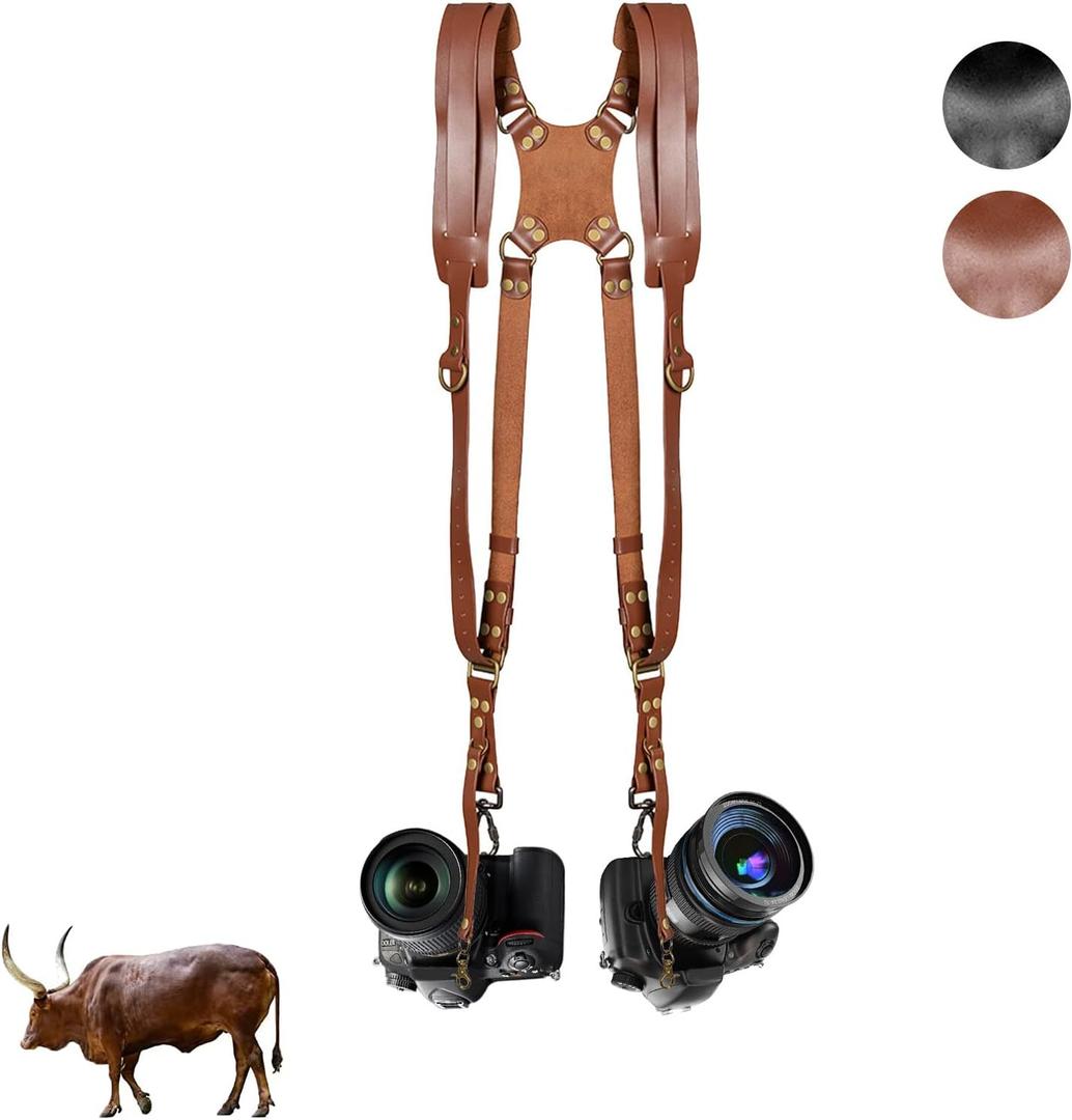Kasla Camera Strap,Camera Straps for Photographers,Leather Dual Camera Strap for Two DSLR/SLR Cameras (Brown)