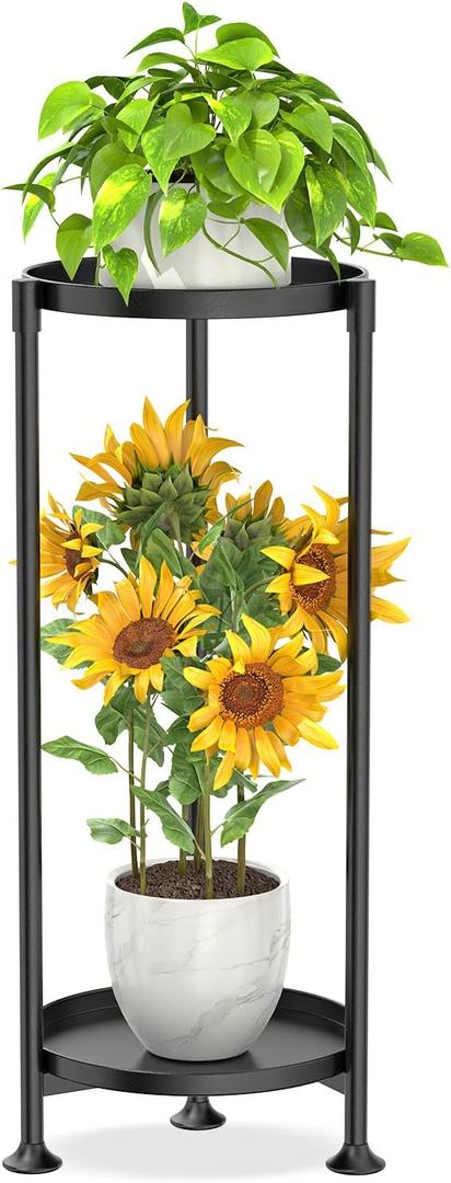 KMOTASUO 2 Tier Plant Stand Indoor for Large Tall Heavy Duty Planter, Multiple Sturdy Metal Flower Corner Rack for Narrow House Floor, Iron Vertical Level Round Orchi Holder Organizer, Black