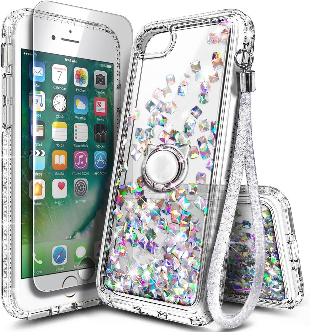 NGB Designed for iPhone SE (3rd 2022 & 2nd Gen 2020)/iPhone 8/7/6/6S Case, Crystal Gem | Glitter Liquid Cute Cover for Women Girls Kids | with Tempered Glass Screen Protector & Ring Holder-Wrist Strap