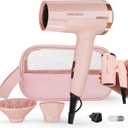 PRITECH 1250W Dual Voltage Travel Hair Dryer - Foldable Blow Dryer with Concentrator Diffuser,110V/220V Worldwide Use, Compact Lightweight Design, EU Plug Included (Pink)