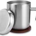 14oz Stainless Steel Insulated Coffee Mug with Wooden Handle & Coaster Set – Double Wall Thermal Cup for Coffee, Tea, Hot & Cold Drinks, Perfect for Home, Office and Travel (14oz-Silver)