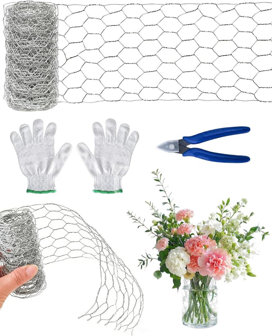 4x118 Inch Chicken Wire for Floral Arrangements, Floral Chicken Mesh Netting Flower Frog Vase Arrangement Base Holder with Gloves and Plier for DIY Craft/ Floral Supplies/ Garden Fencing