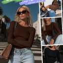 Locoowai 3 Pack Women's Long Sleeve Shirts Crewneck Going Out Basic Tops Tight Slim Fit Side Ruched Crop Tees Y2k Outfits