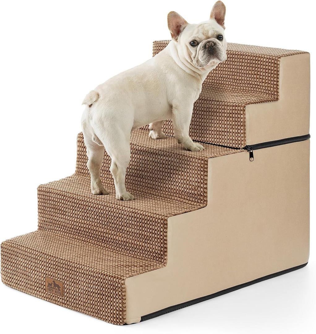 Dog Stairs with Detachable Zipper, 19.7" Extra Wide Right-Angle Pet Stairs for Bed, Anti-Slip Dog Steps for Lowrider and Elderly Cats with Support Board, 19.7x29.5x23.6 inch, Light Brown