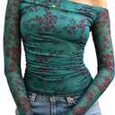 Bbonlinedress Women's Mesh Long Sleeve Easter Tops Spring Summer Going Out One Shoulder Green Floral Shirts 2000s Ruched Waist Blouses, Green Flower, L