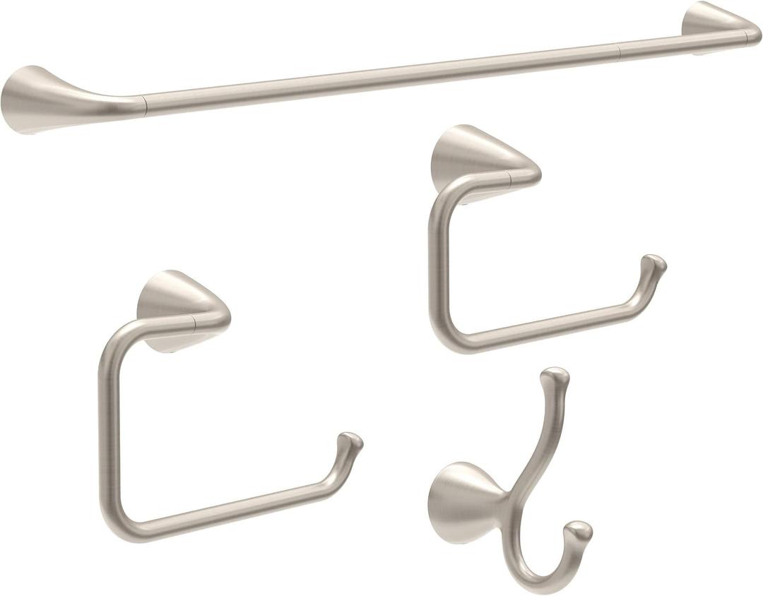 Delta ARV64-DN Arvo 4-Piece Bath Hardware Set 18-in Towel Bar w/ 6-in Extender, Toilet Paper Holder, Towel Ring, Hook, Brushed Nickel