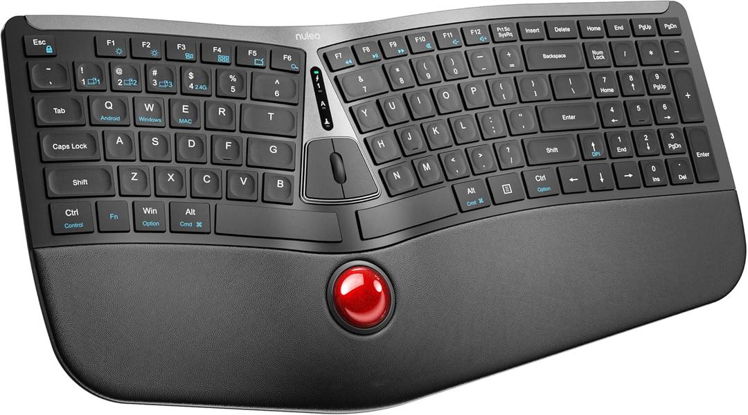Nulea RT07 Wireless Ergonomic Trackball Keyboard - Bluetooth and 2.4G USB Connectivity, Natural Typing, Wrist Rest, Split Keyboard, USB-C Rechargeable, Compatible with Mac/Windows