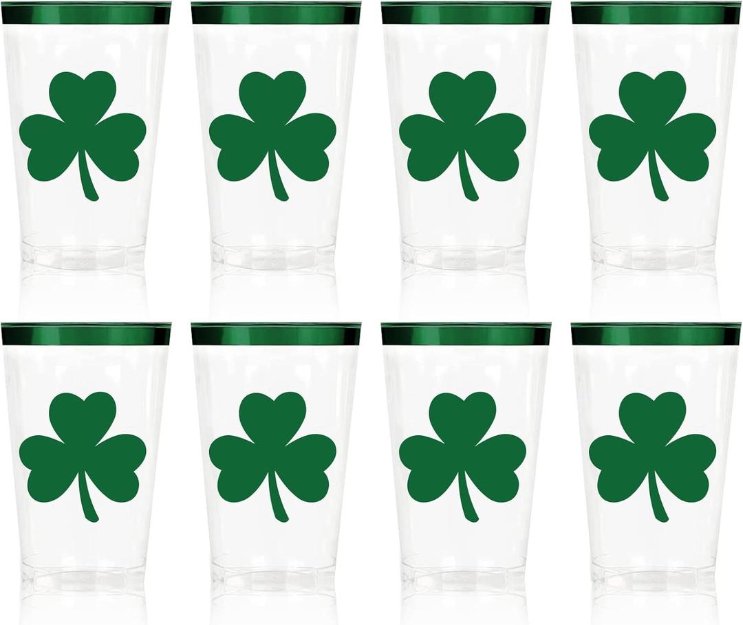 Whaline 32 Pack St. Patrick's Day Plastic Cups 12 Oz Green Shamrock Clover Clear Plastic Cups with Foil Green Rim Tumbler Cup for Irish Holiday Celebration Party Supplies