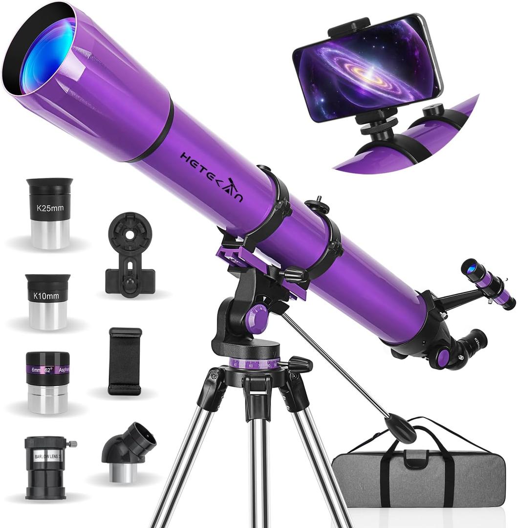 HETEKAN Telescope, Telescope for Adults High Powered, 90mm Aperture 1000mm Astronomical Refractor Telescopes for Beginners, Magnification 500X, with Three Eyepieces, Phone Adapter & Carrying Bag