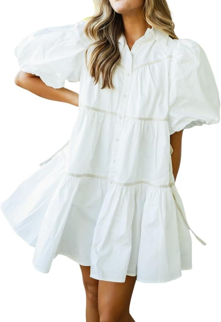 Women's Chic Puff Sleeve Oversized Mini Shirt Dress with Pockets (White), Small 