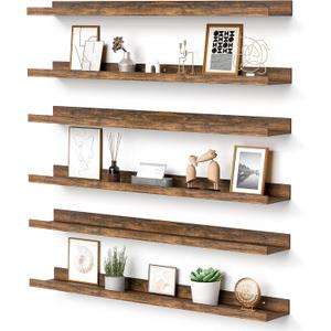 Upsimples Floating Shelves for Wall, 35.5 Inch Shelves for Decor Storage Set of 6, Wall Mounted Wood Shelf for Bedroom, Living Room, Bathroom, Kitchen, Long Picture Ledge Shelves, Brown