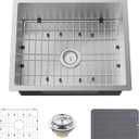 Stainless Steel Undermount Single Bowl Sink - 22x18 Inch Modern Bar & Kitchen Combo - SS Grid, Silicon Mat, Drain Strainer Set