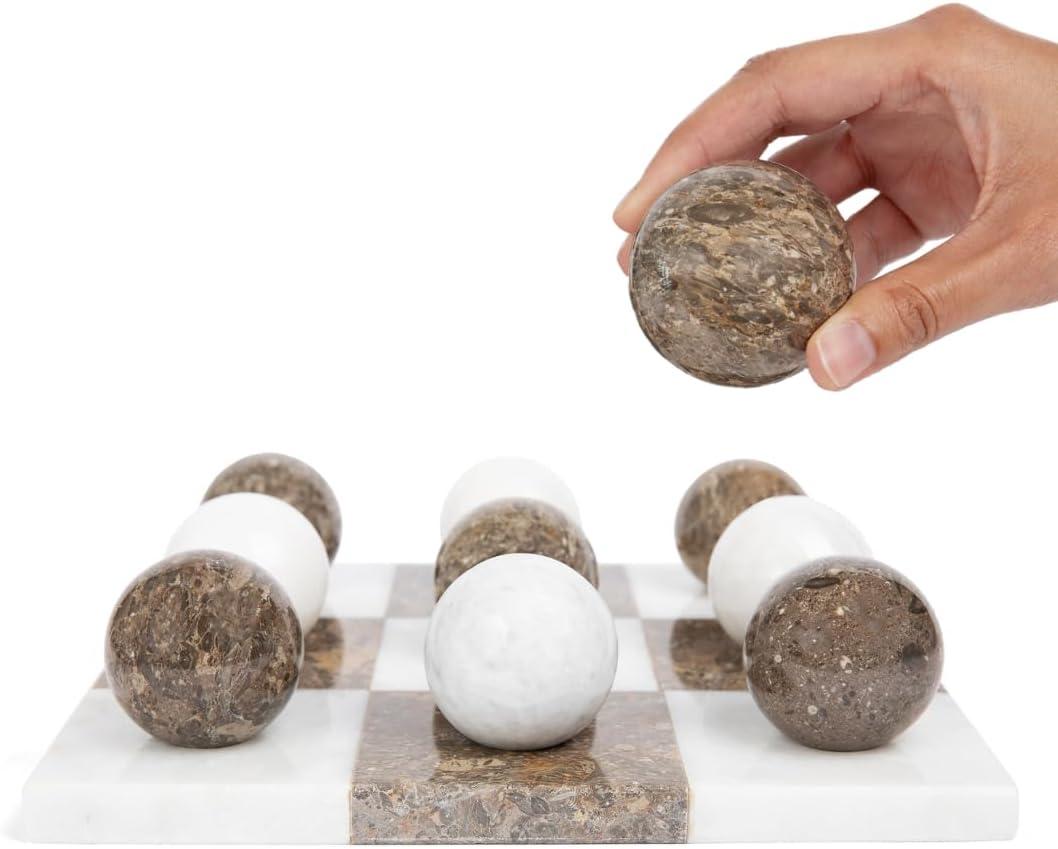 Marble Tic Tac Toe Set | Decorative Round Tic Tac Toe Game Set | Coffee Table Decor - Coffee Table Game - Tabletop Game - Room Decor - Modern Home Decor - Bookshelf Decor (Brown and White Marble)