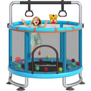 55" Toddler Trampoline for Kids,LILUMUDM Indoor Outdoor Trampoline with Enclosure Net, Adjustable Gymnastics Bars,Basketball Hoop,Baby Trampoline Jumping Mat Birthday Gifts for Children Boy Girl.