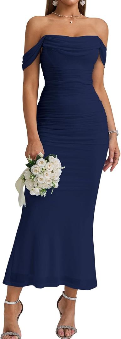 KUTUMAI Off The Shoulder Maxi Long Dress Corset Ruched Bodycon Cocktail Formal Wedding Guest Dresses for Women (Medium, Navy)