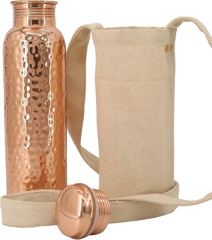 Kitchen Science- Copper Craft 34oz Copper Water Bottle with Canvas Bag  Lab-Tested, Leak-Proof, Heavy Duty, Ayurvedic Drinking Bottle