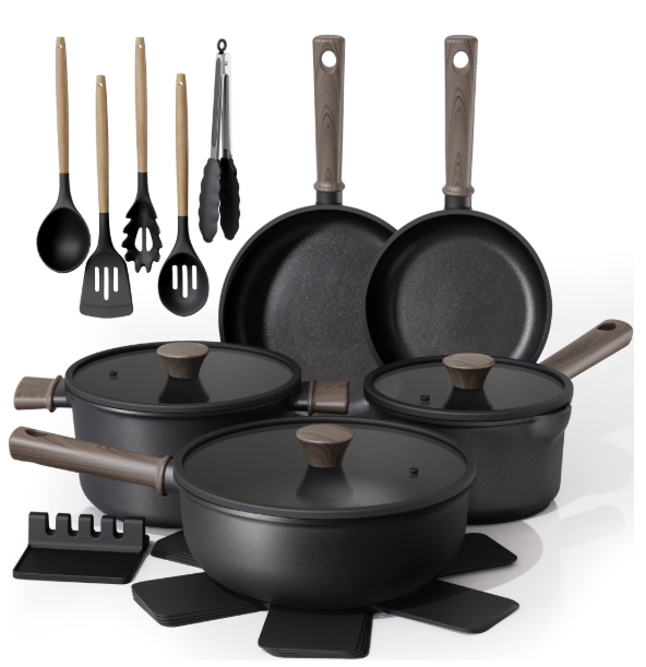 Astercook Non Stick Pots and Pans Set, Healthy NonToxic Titanium Induction Kitchen Cookware Sets for Cooking with Frying Pans, PFAS/PTFE/PFOA & PFOS Free, Black, 19 Pcs