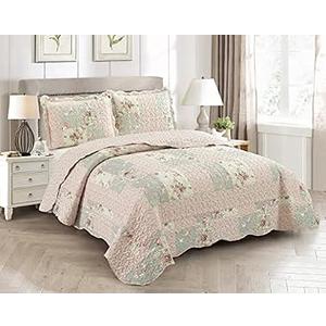 Brilliant Sunshine Rose and Sage Quilt Set, 3-Piece Bedding Sets, Traditional Patchwork Design, Washable and Reversible Bedspread, Soft Lightweight Coverlet, All-Season, Full/Queen, Light Pink Green
