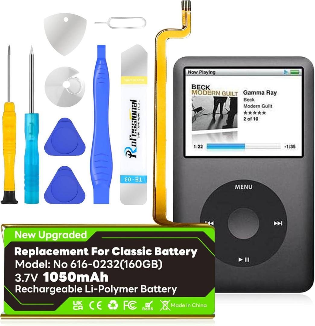 2026 Upgrade Replacement 1050mAh Long-Lasting Classic Battery 616-0232 Compatible with iPod Classic 5th - 7th Generation Video A1136 A1238 6th 80GB 6.5th 120GB 7th 160GB 5th 30GB with Tool Kits