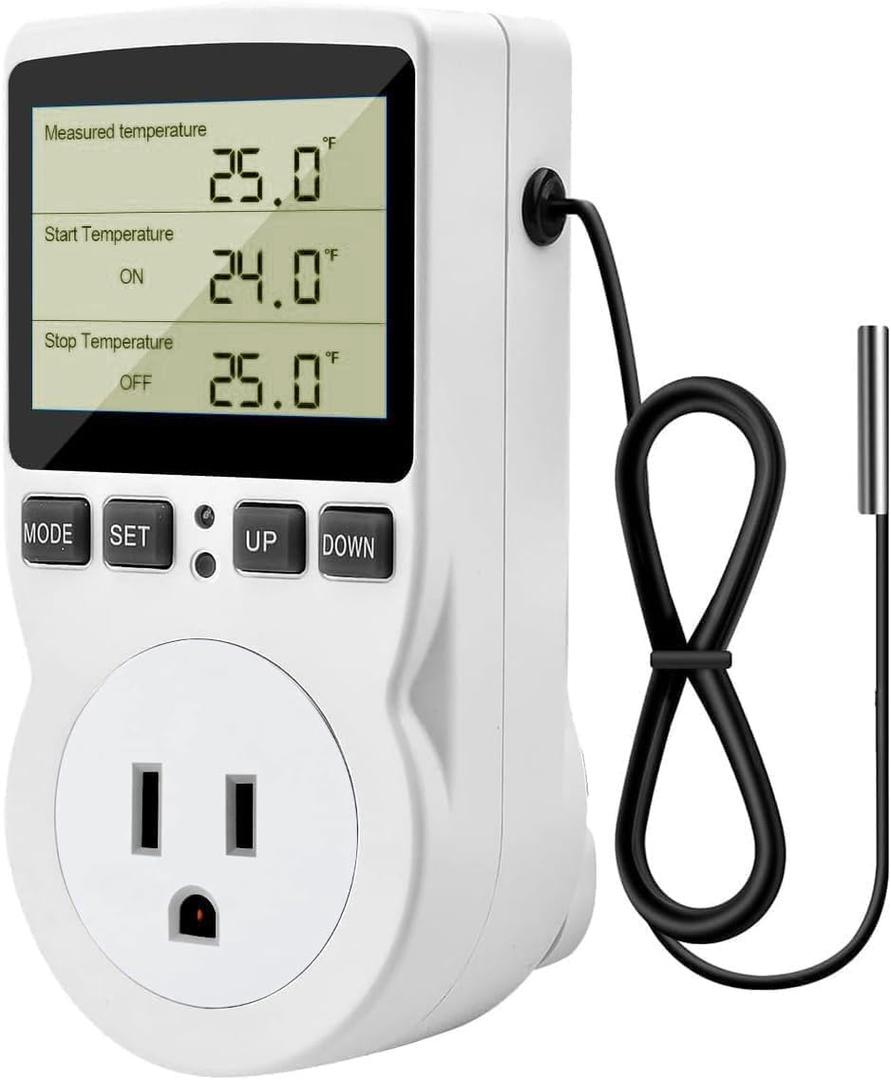 Diymore 1800W Plug in Thermostat Temperature Controller Electric Digital RV Thermostats Heating Cooling Control Mode Timer White 120V 15A Digital Temperature Controller Thermostat Timer LCD Display