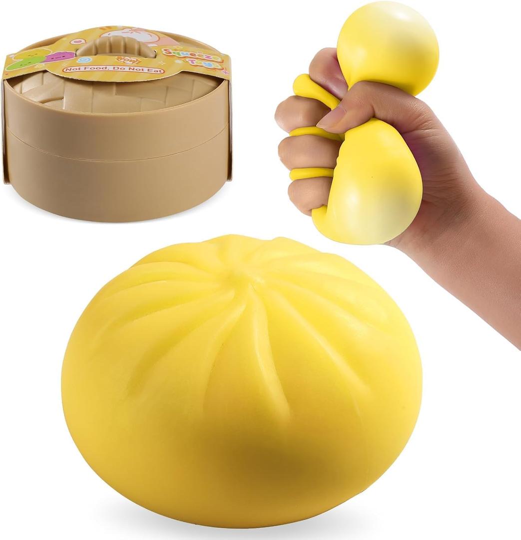 Dumpling Squishy Stress Balls with Steamer, Mystery Colorful Fidget Sensory Toys, Soft Anxiety Relief Squeeze Decompression Dough, Easter Stocking Stuffers Gifts (Yellow)