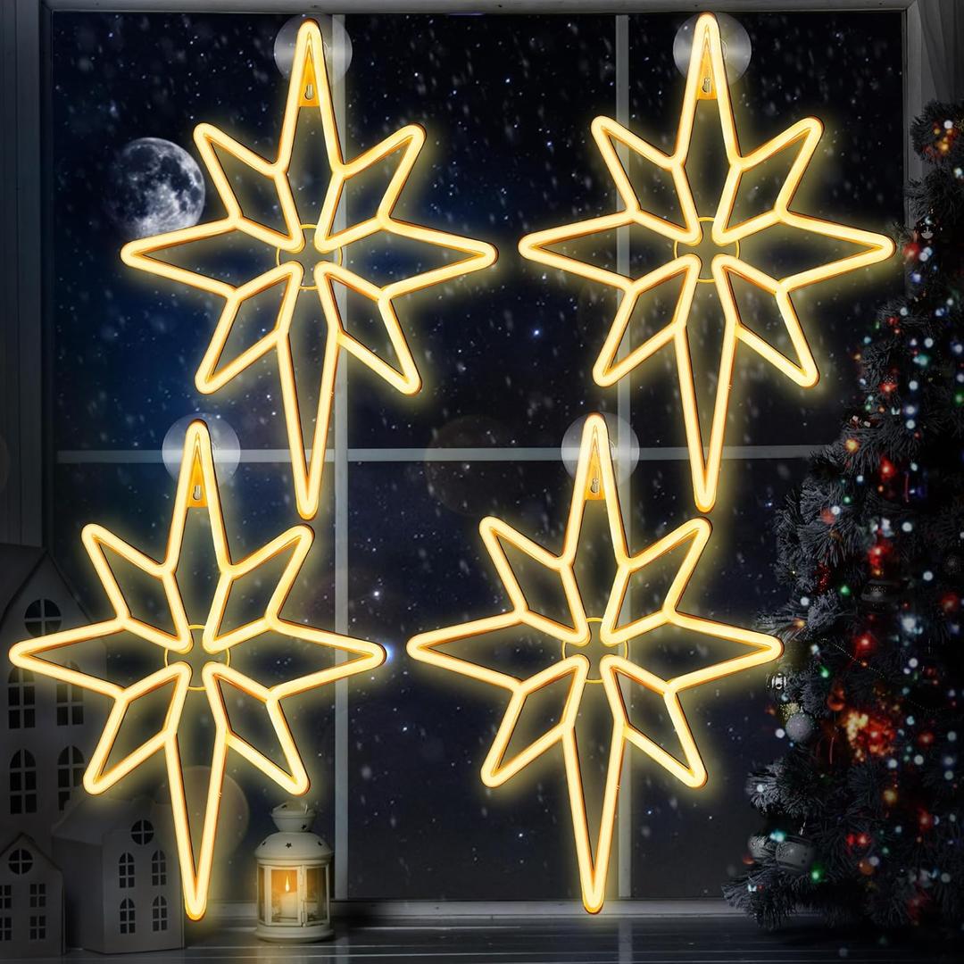 Enhon 4 Pack 16 Inch Bethlehem Star Window, Christmas Star, Nativity Lighted Outdoor, USB Powered or Battery Operated Bethlehem Christmas Neon Light for Window Bedroom Indoor Decor (Warm White)