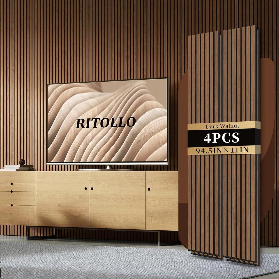 RITOLLO 4-Piece Wood Slat Panels for Wall 94.5"11" Acoustic Panels for Interior Wall Decor 3D Fluted Sound Absorbing Panels - Walnut