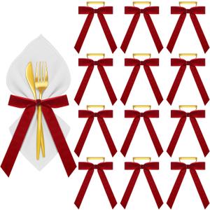Riceshoot Velvet Bow Napkin Rings Bows with Gold Semicircle Metal Napkin Ring Velvet Bow Holder for Wine Bottles Table Settings Candlestick Wedding Valentine's Day Dinner(Claret Red,12 Pcs)